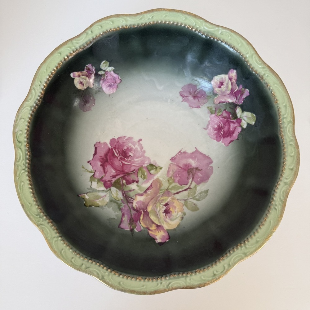 Three Crown‎ China Germany Hand Painted Bowl Roses Gilt Edge 9.5" Green Gold